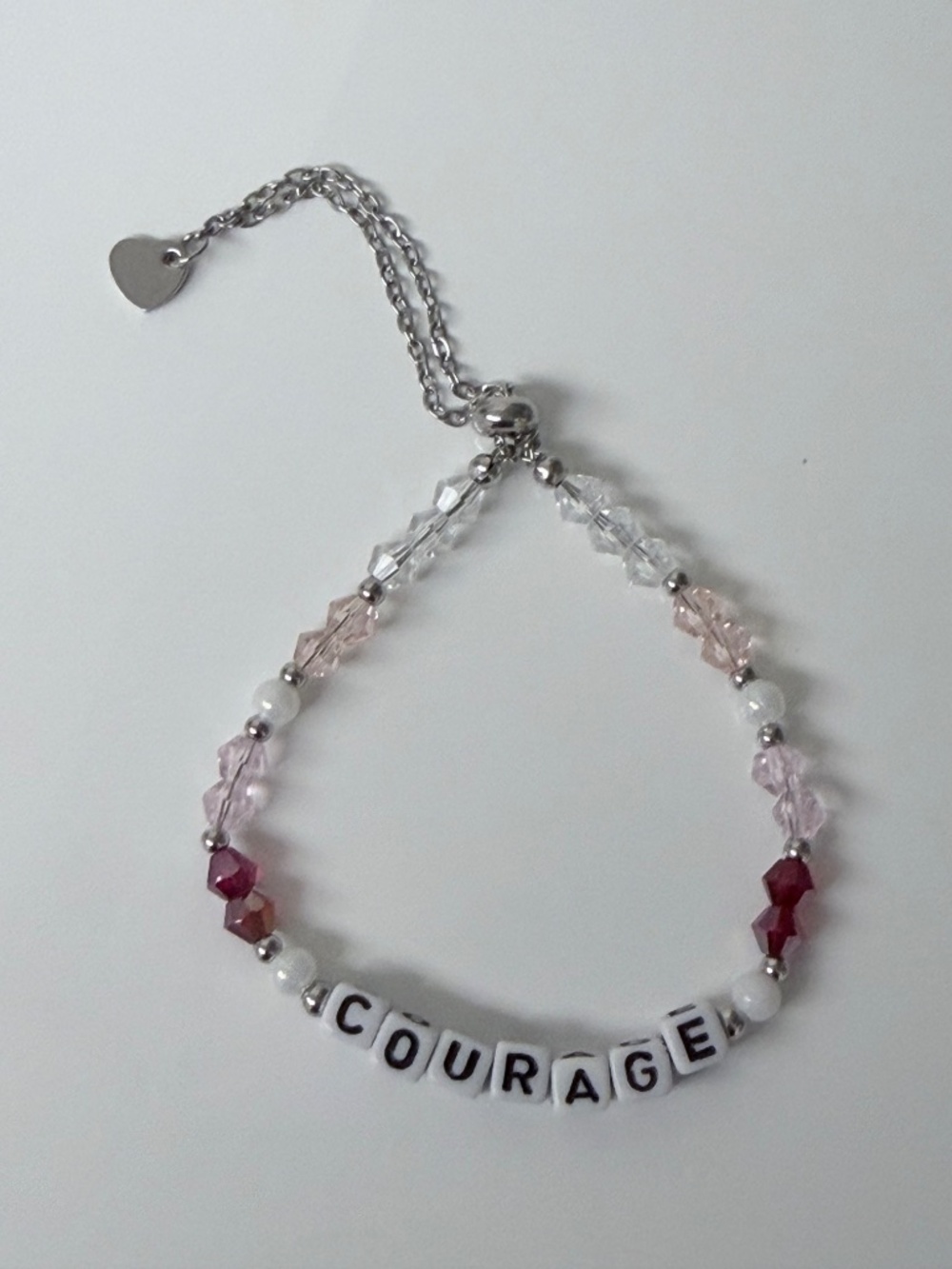 Courage Silver & Pink Beaded Heart Bolo Bracelet | Cancer Support Fundraiser NEW
